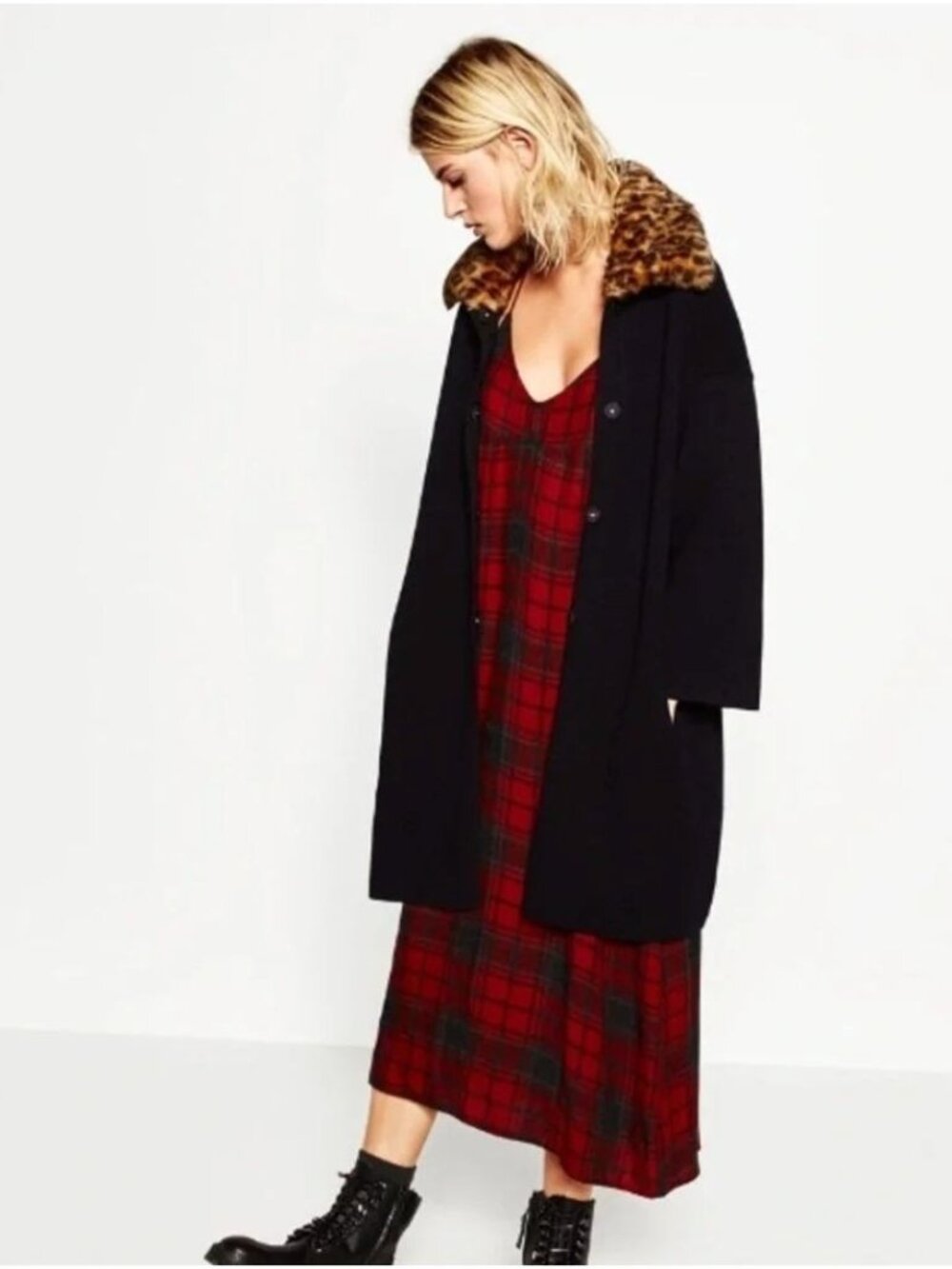Zara Knit Leopard Fur Collar Coat Black Button Front Navy Blue Oversized  Small